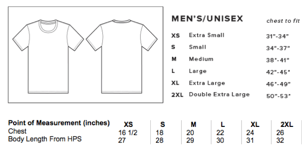 Sizing chart for ‘Hidden Heroes’ T