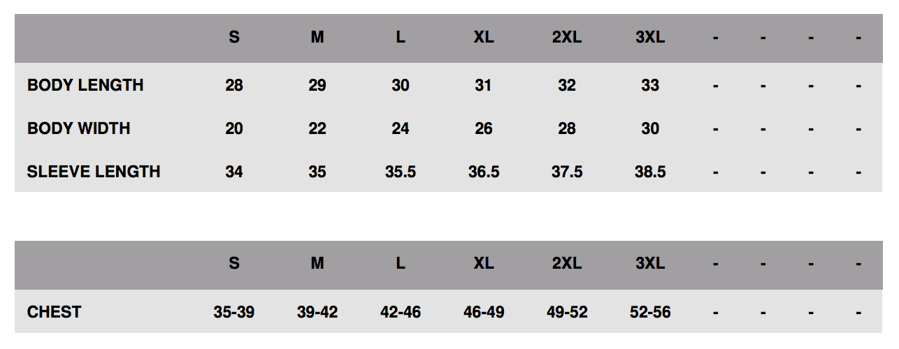 Sizing chart for MFA Performance Pullover