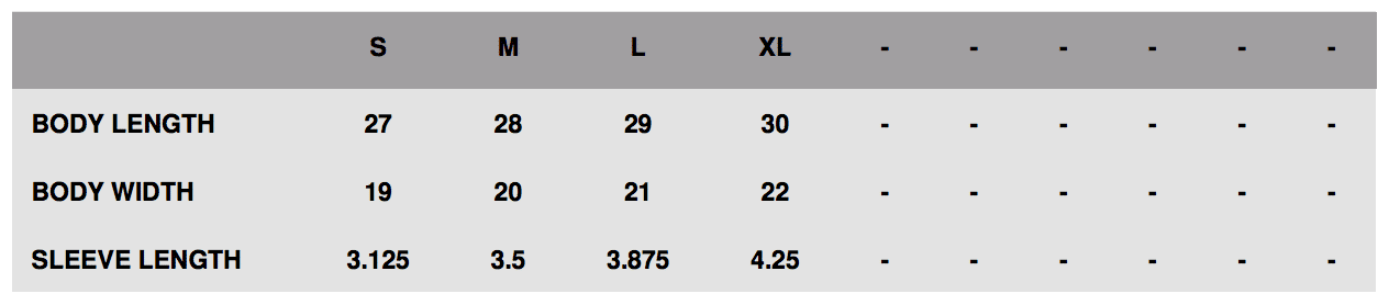 Sizing chart for L.I.L. Calf T