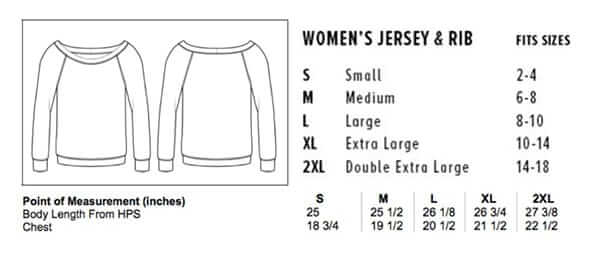 Sizing chart for 'Dream' Women's Sweatshirt